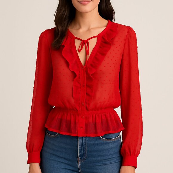This LUSH red long sleeve blouse features a romantic Swiss dot texture and light - Picture 1 of 11